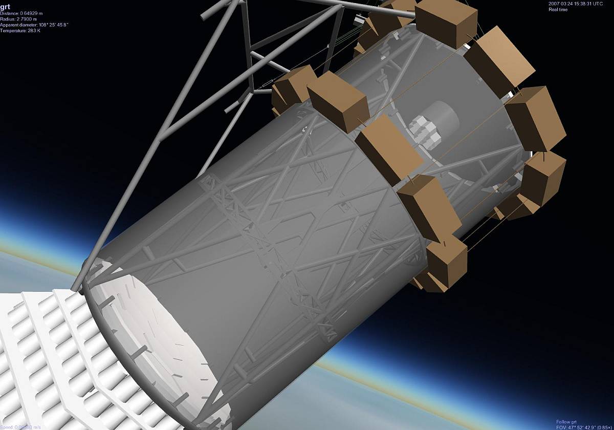 Digital generated image showing a detailed view of the telescope. Developed by Selden Ball for the Celestia Space Simulator