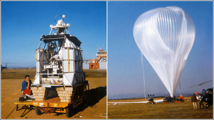 At right the LPMA gondola being readied for flight. At left a 402z model CNES balloon before the launch