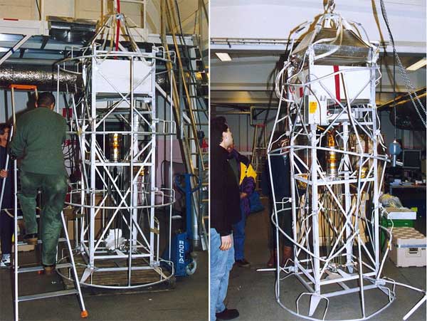 At left SDLA-LAMA instrument before flight and at right after the recuperation. Note the damage in the protection structure.